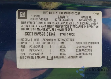 2002 Chevrolet S-10 Ls из США, поврежденный, VIN 1GCDT19W528181347